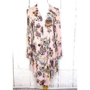 Knox Rose Women's Long Open Front Kimono Duster Long Sleeve Pink Floral Size L
